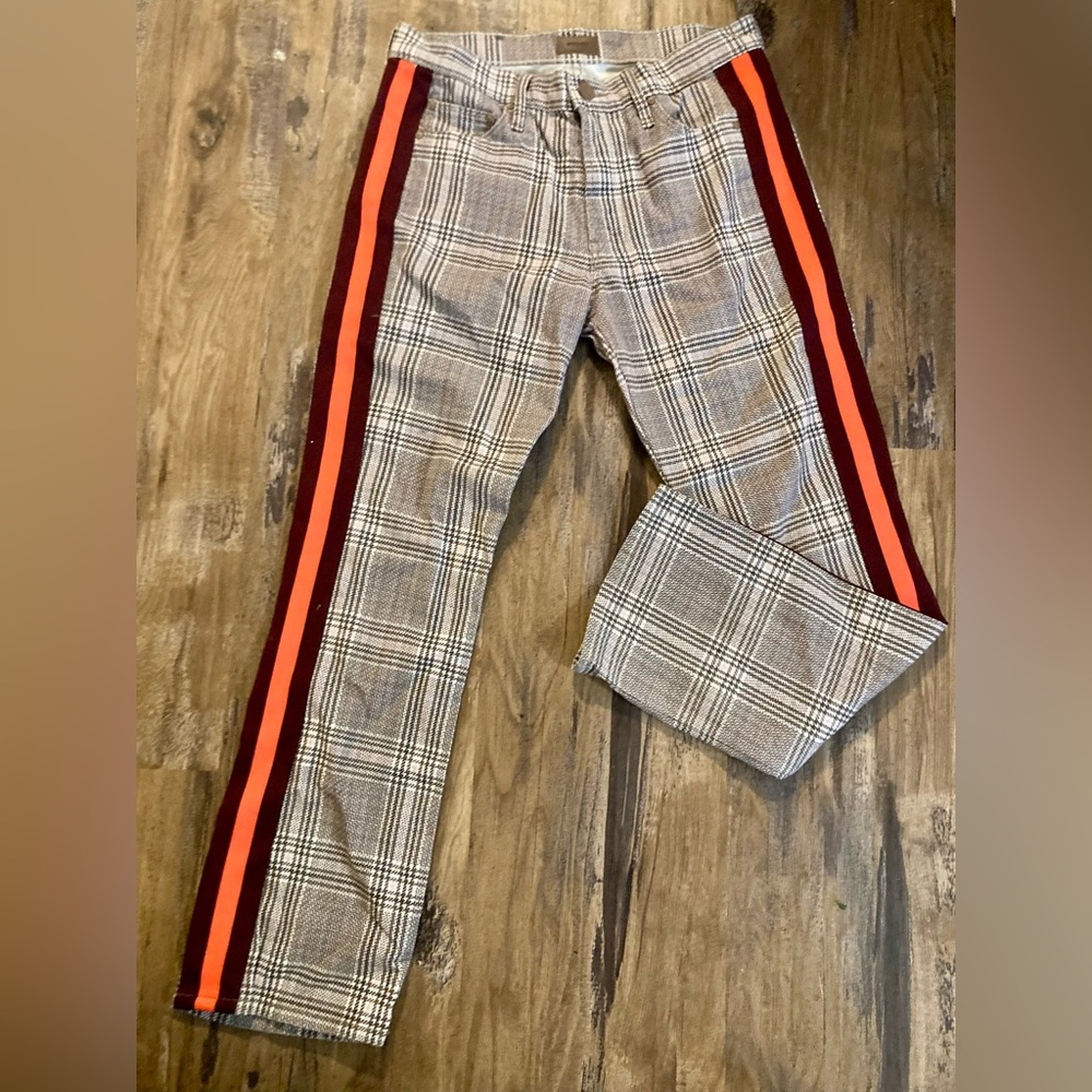 EUC MOTHER The Insider Plaid Jeans with Orange & Plum Side Stripes Size 27